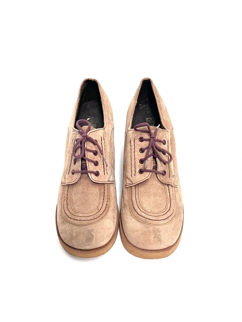 Vintage 1970s deadstock tan faux suede platform wedge heel oxfords